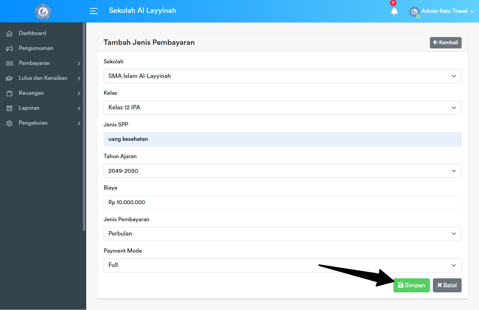 Form Simpan Jenis Pembayaran